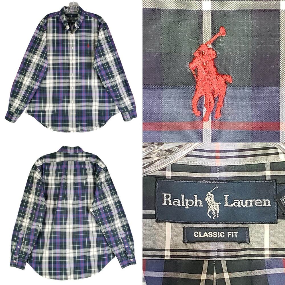 Polo Ralph Lauren Shirt Oxford Men's Large Blue Multicolor Plaid LS Button Down